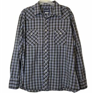 Wrangler Western Shirt Mens Size XL Plaid Blue Black Pearl Snap Long Sleeve